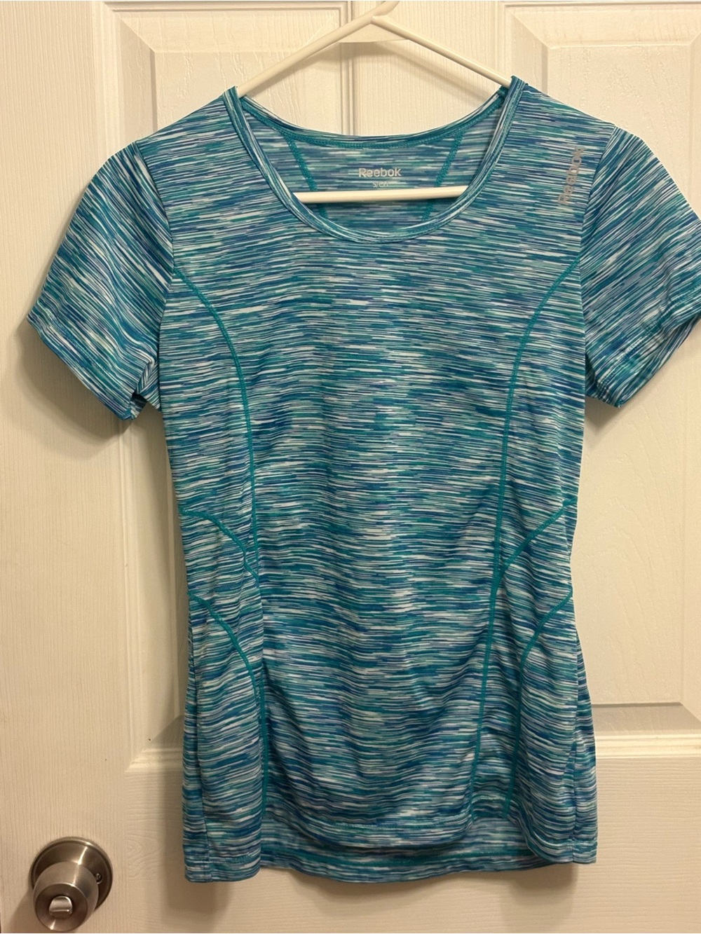 Reebok Women's Teal and White Space-Dye Short Sleeve Performance Tee